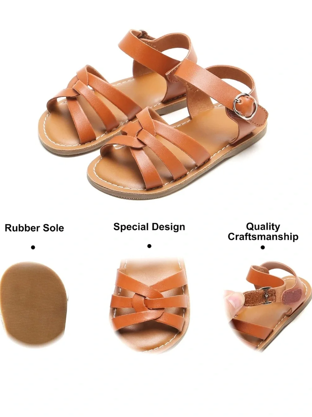 Tan Strappy Kids Sandals with Velcro Ankle Buckle